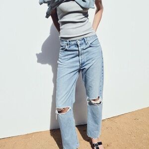 AGOLDE 90’s organic cotton cropped distressed jeans button fly high waisted 29